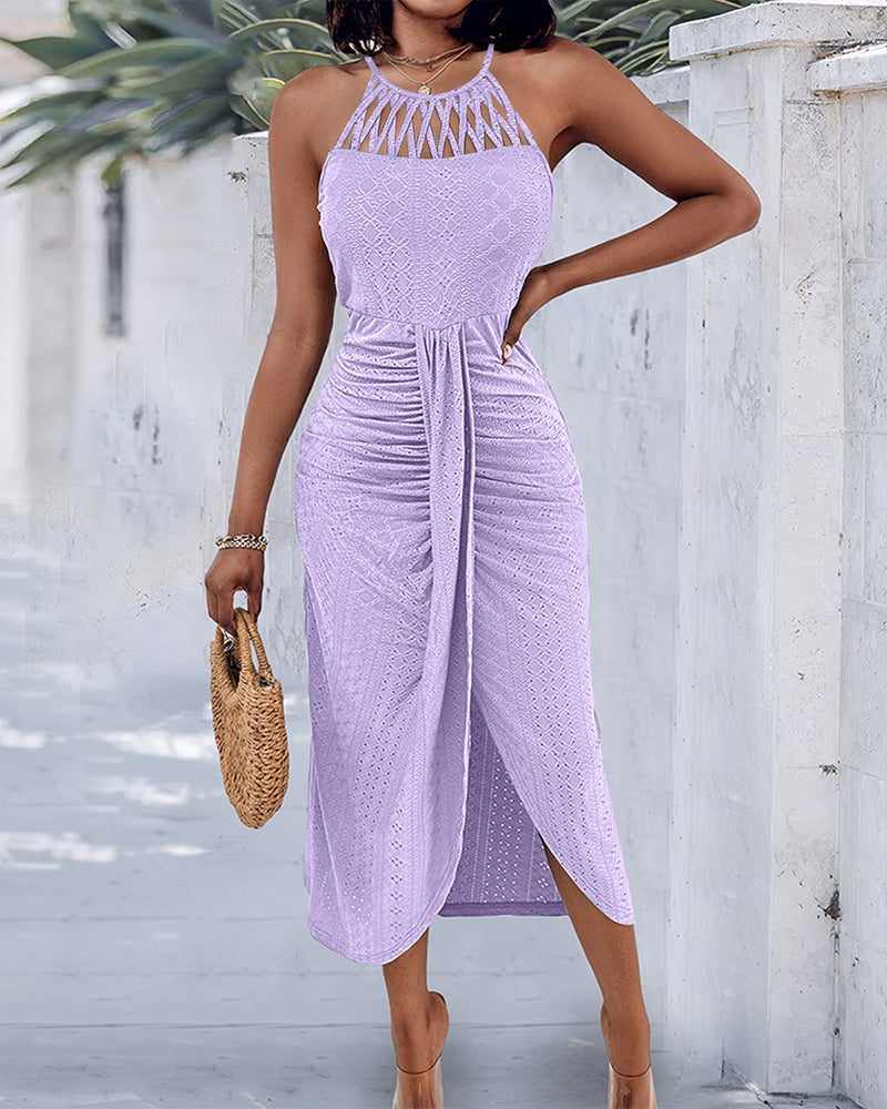 Fynovia - Women's elegant halter neck openwork jacquard split midi dress
