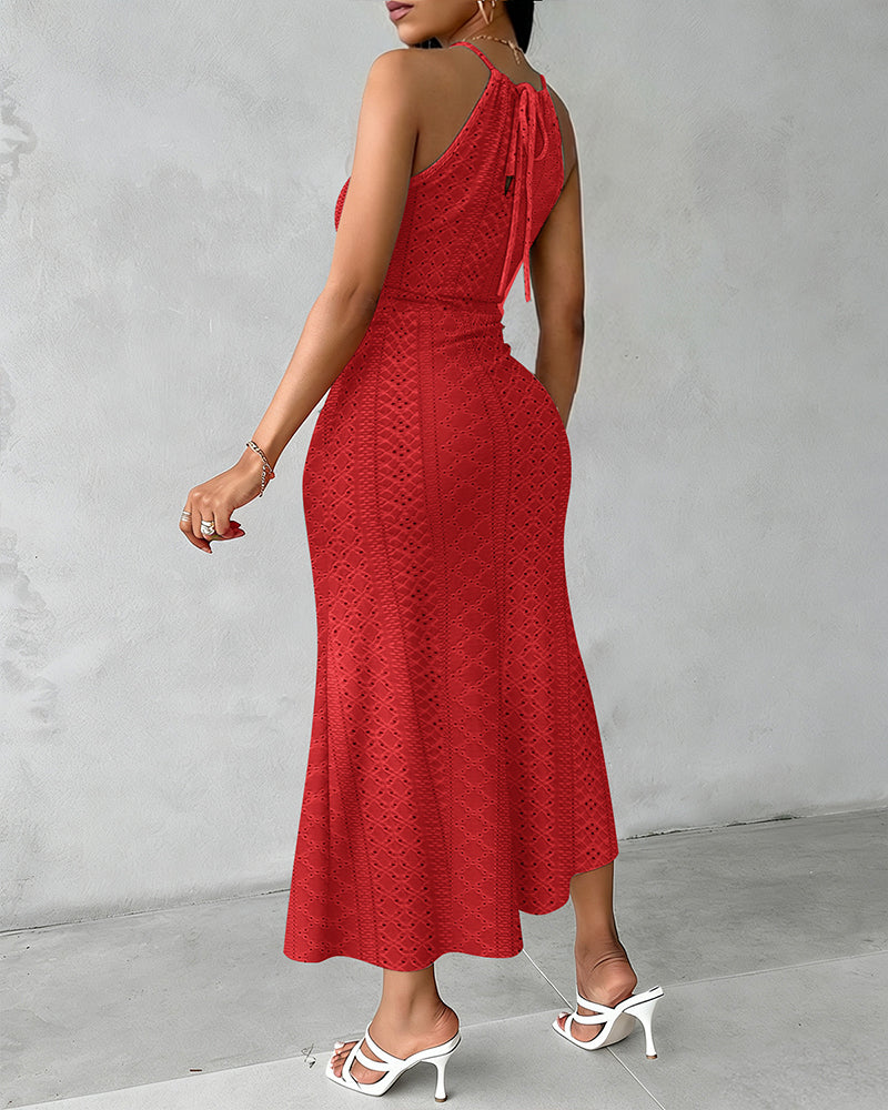 Fynovia - Women's elegant halter neck openwork jacquard split midi dress