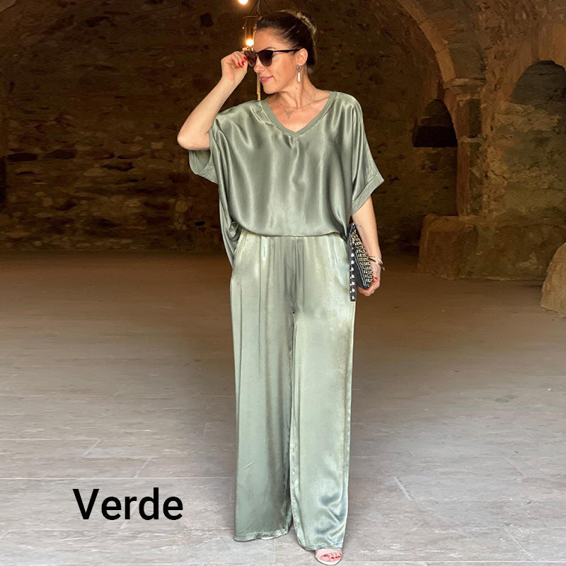 Laurie - Plus Size Elegant Shiny Two Piece Set with V Neck