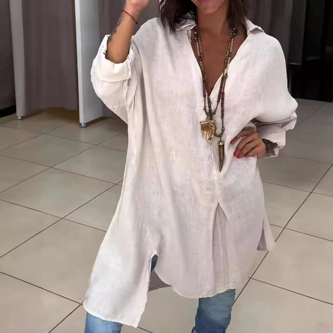 Melis - Cotton and linen summer shirt with V-neck