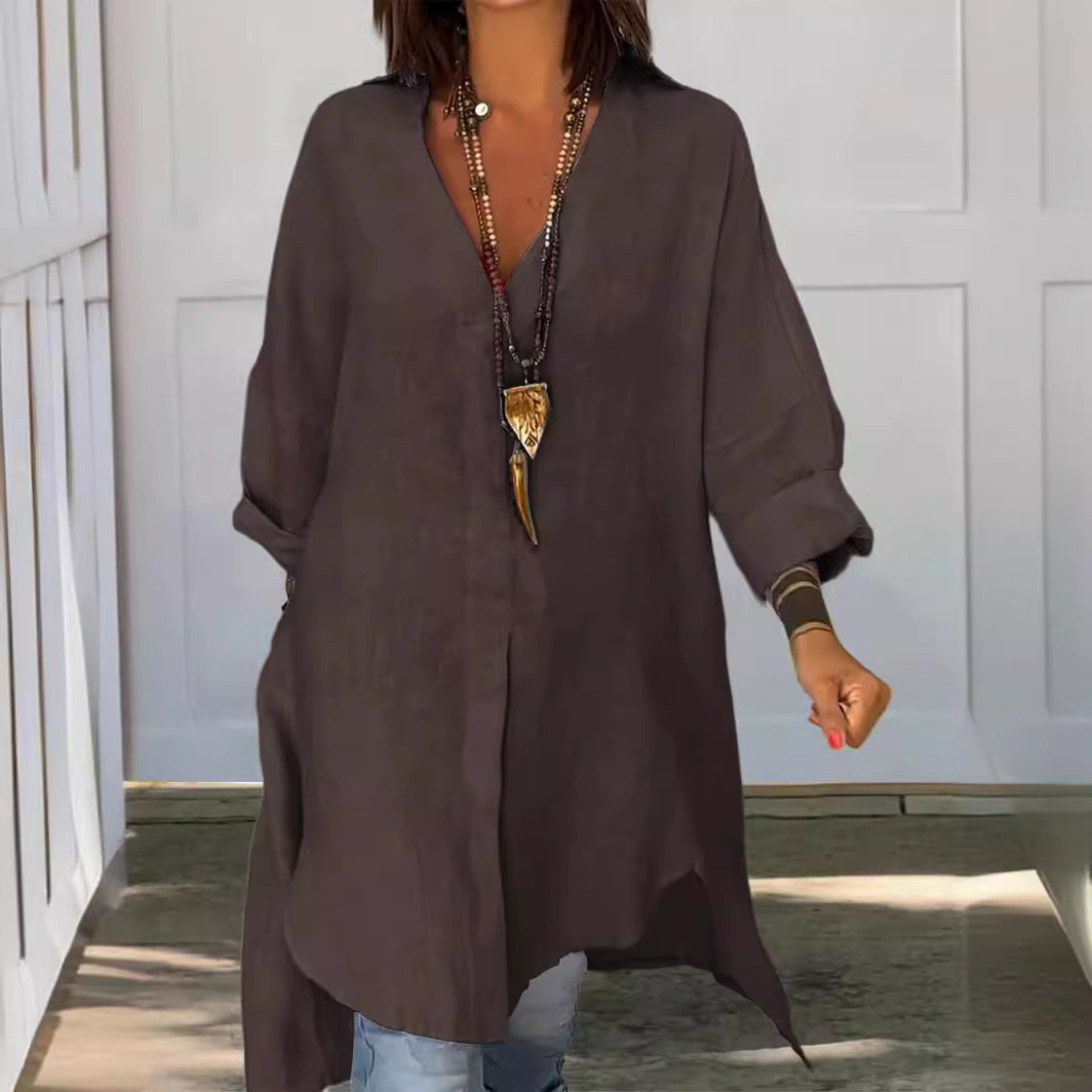 Melis - Cotton and linen summer shirt with V-neck