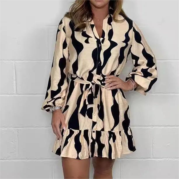 Perlina - Irregular Striped Shirt Dress with Lapel Collar and Tie Belt