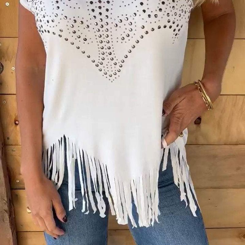 Céleste - Women's fringed printed T-shirt