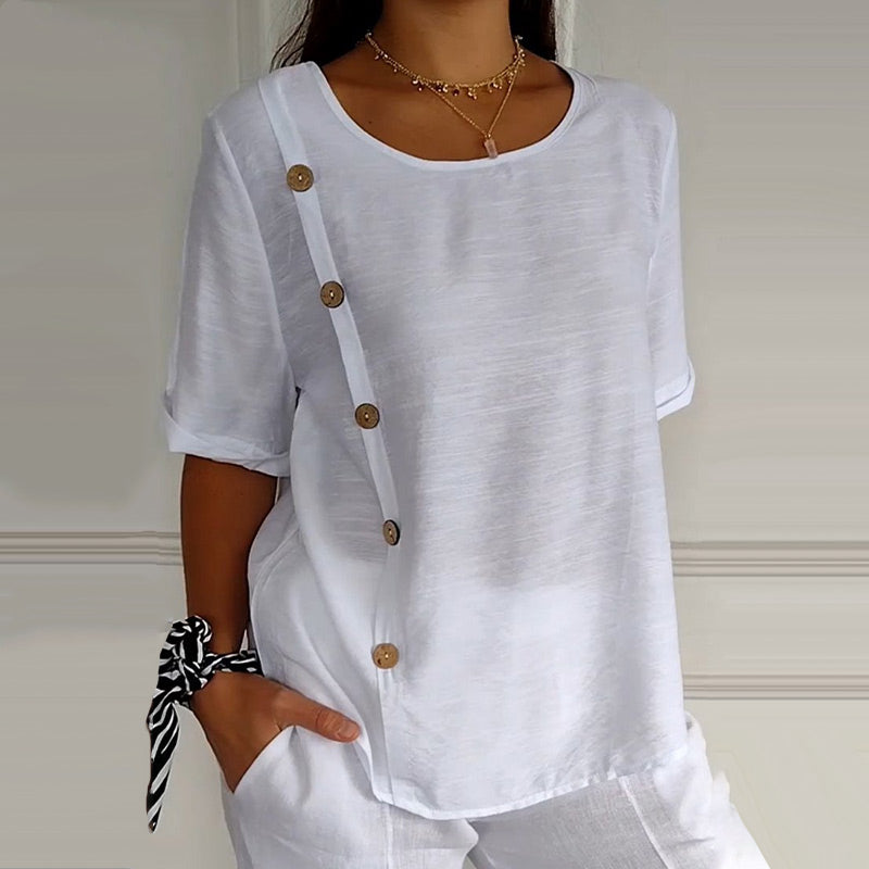 Rovryne - Women's Linen Round Neck Blouse with Side Buttons, Loose Fit, Summer