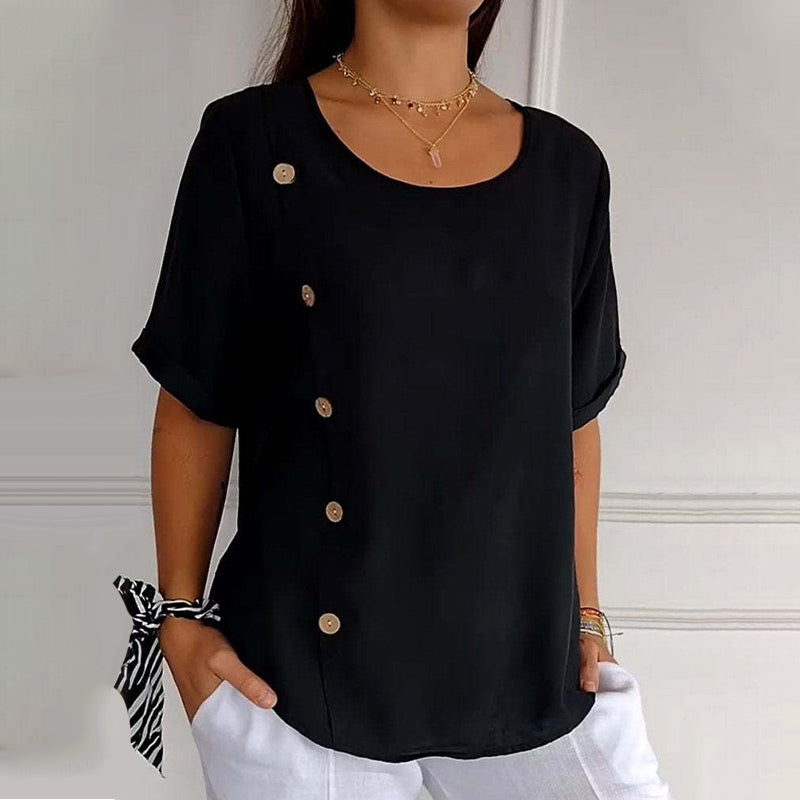 Rovryne - Women's Linen Round Neck Blouse with Side Buttons, Loose Fit, Summer