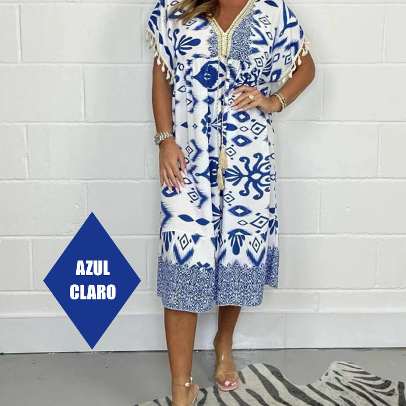 Juline - Casual printed dress with V-neck and fringes on short sleeves