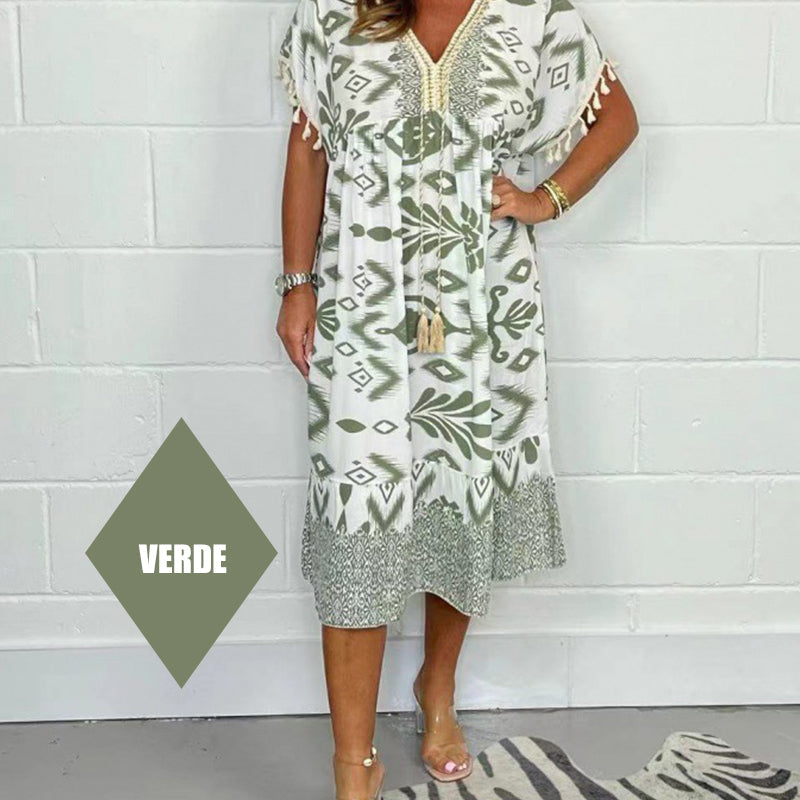 Juline - Casual printed dress with V-neck and fringes on short sleeves