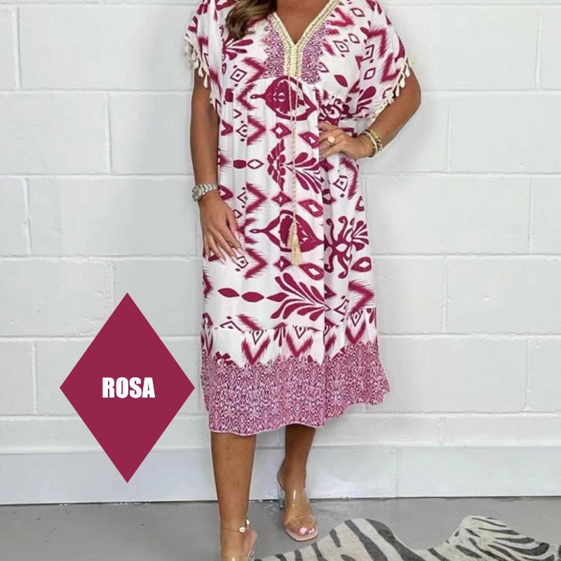 Juline - Casual printed dress with V-neck and fringes on short sleeves