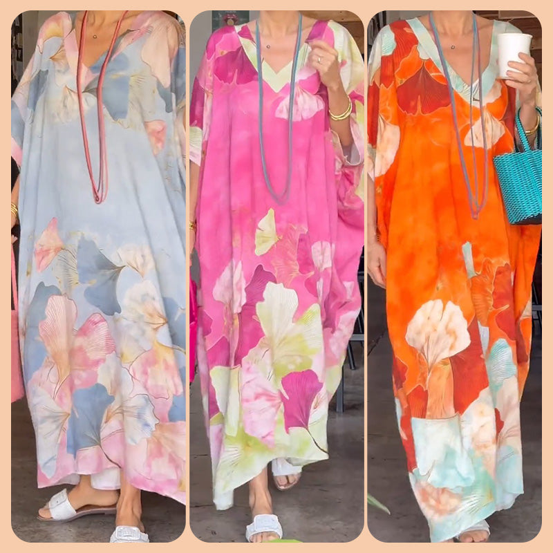 Myrelith - Women's Long Flowy Floral Print V-Neck Dress