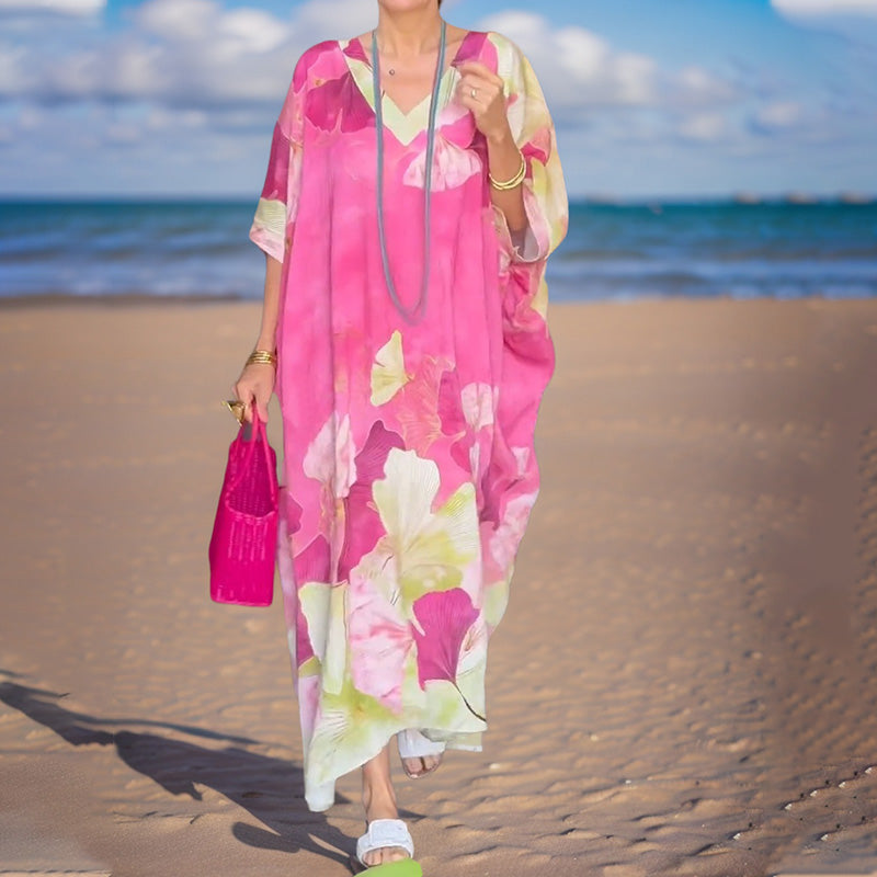 Myrelith - Women's Long Flowy Floral Print V-Neck Dress