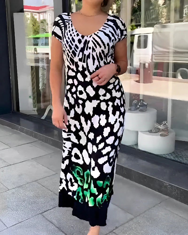 Cenalyra - Women's Casual Short Sleeve Printed Midi Dress
