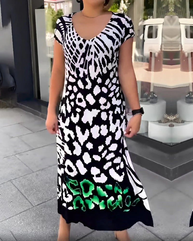 Cenalyra - Women's Casual Short Sleeve Printed Midi Dress