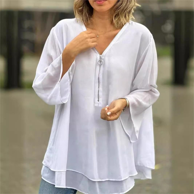 Ornella - Soft Double Layer Top with Zip and V-Neck