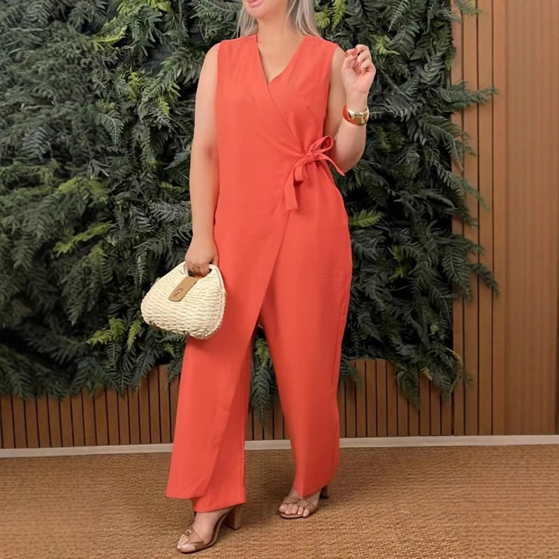 Mirabelle - Women's Casual V-Neck Solid Jumpsuit with Tie Belt