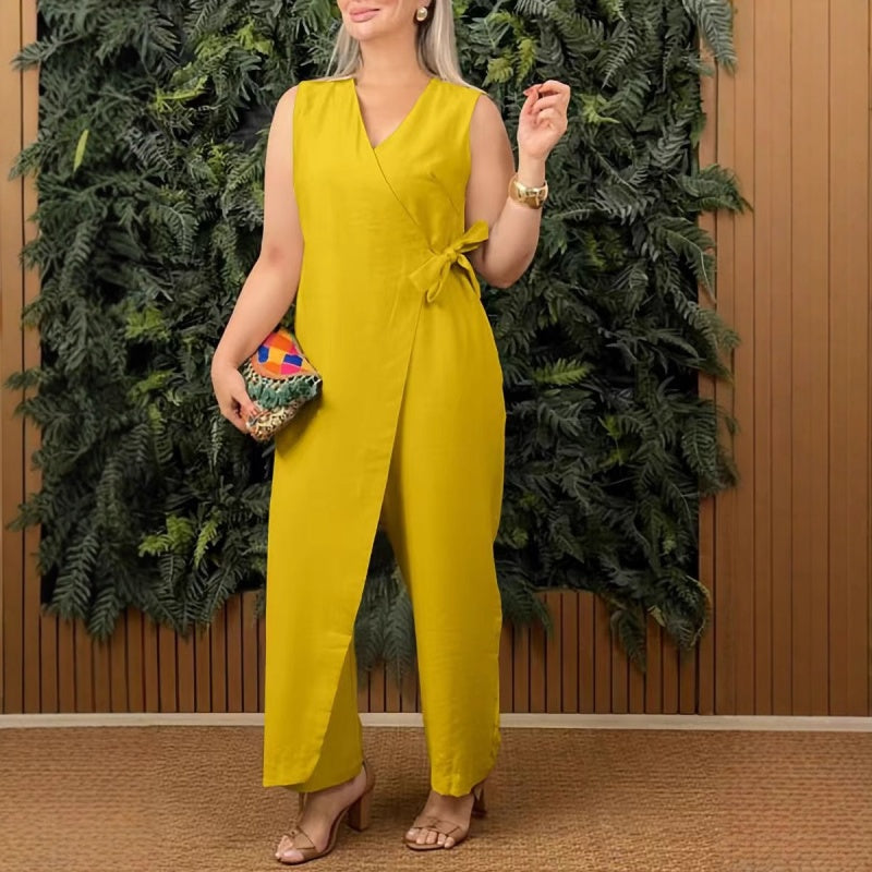 Mirabelle - Women's Casual V-Neck Solid Jumpsuit with Tie Belt