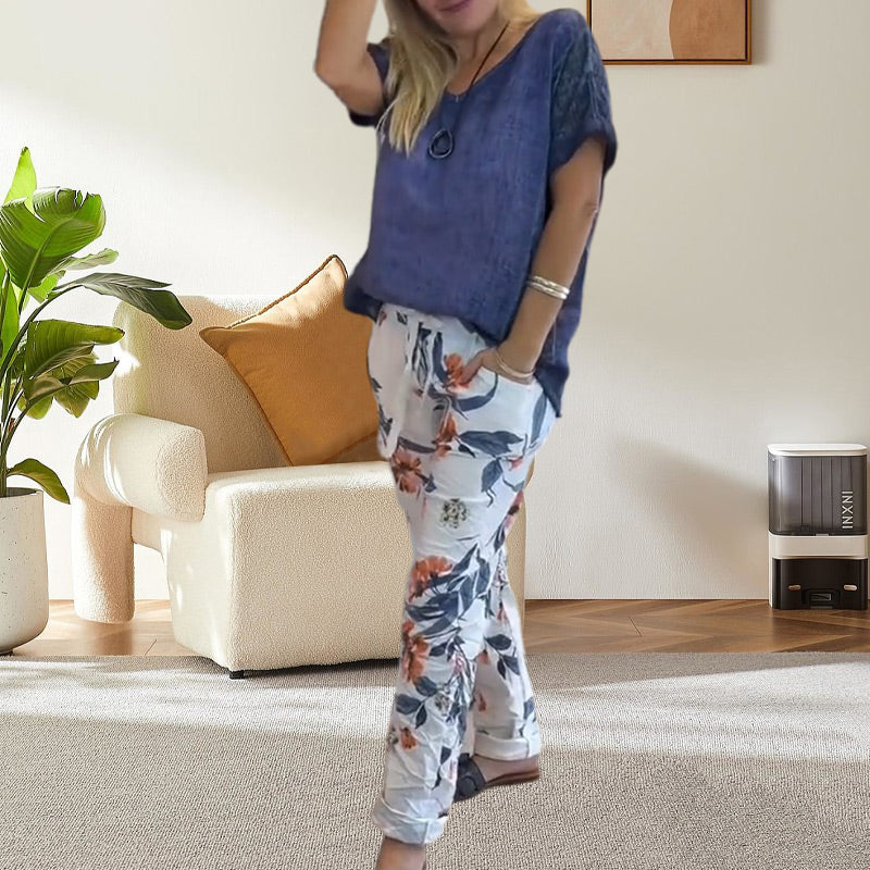 Evangeline - Women's 2 Piece Set - Solid Blouse and Casual Floral Print Pants