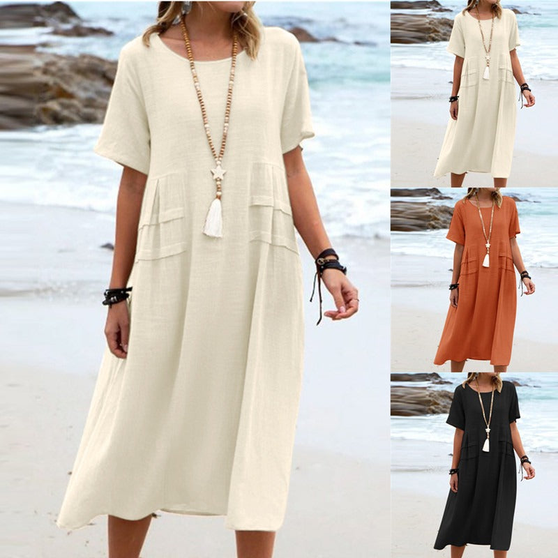 Oriana - Robe Midi en Coton et Lin à Col Rond