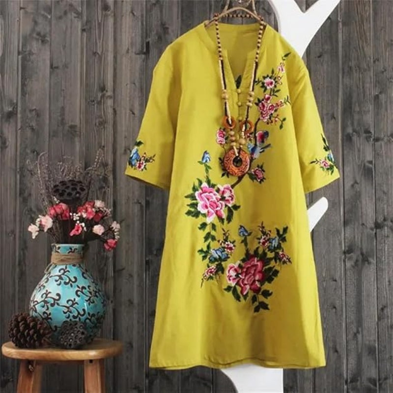 Yolanda - Loose Floral Cotton and Linen Dress with V-Neck