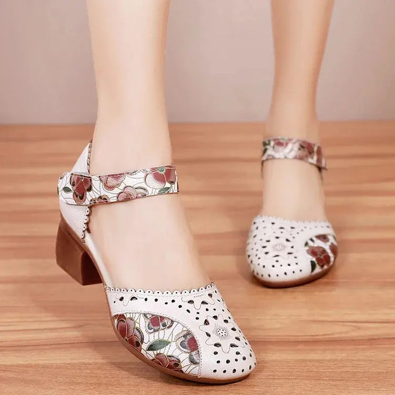 Sylvexa - Women's block heel leather cut-out floral velcro strap shoes