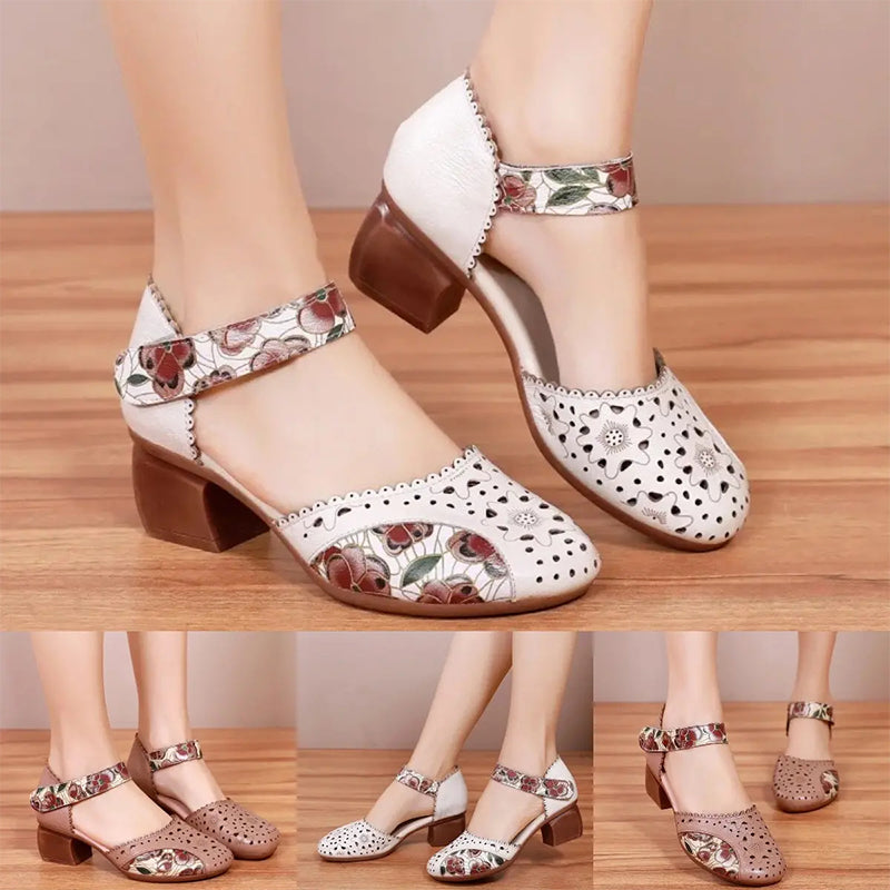 Sylvexa - Women's block heel leather cut-out floral velcro strap shoes