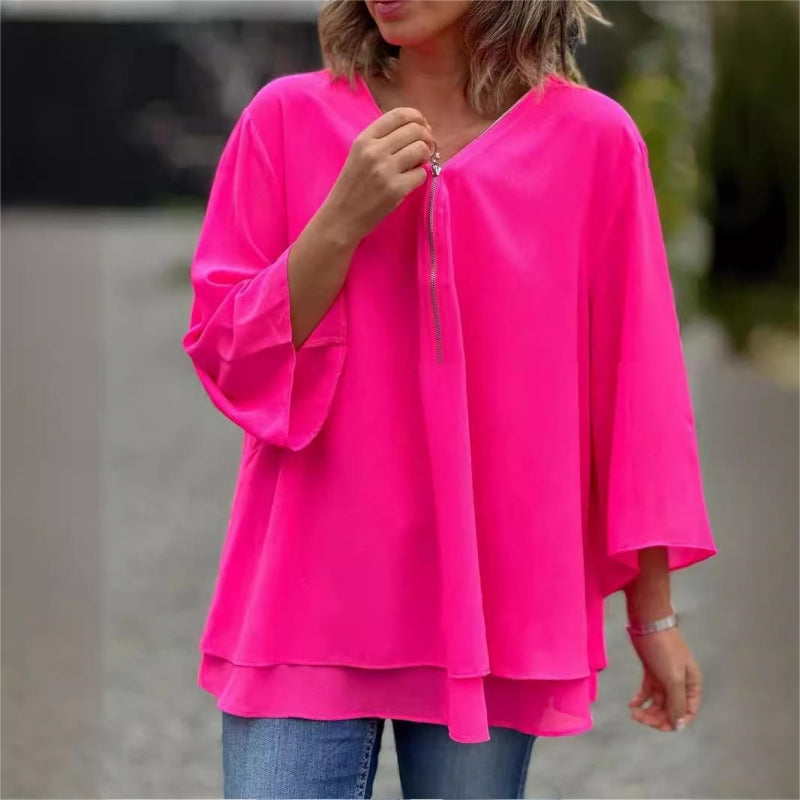 Quorina - Women's Chiffon V-Neck Zip 3/4 Sleeve Flowy Elegant Blouse
