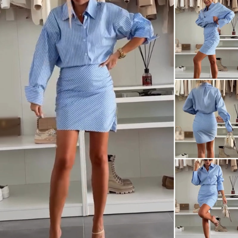 Samia - Striped Long Sleeve Shirt Dress with Lapel Collar