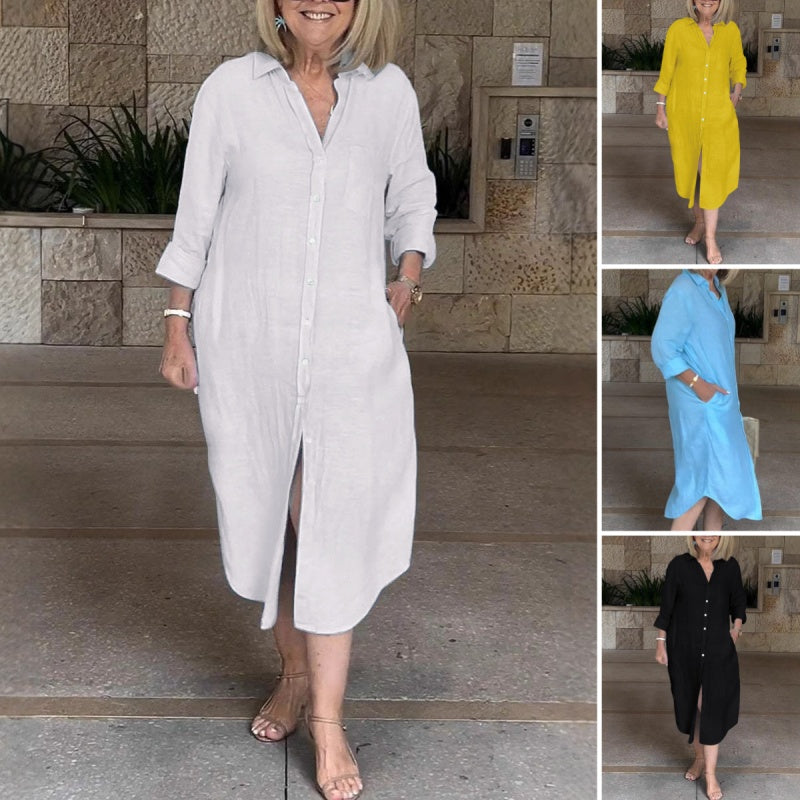 Talya - Elegant Long Shirt Dress in Cotton Linen