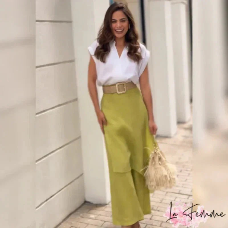 Myla - Women's Elegant Set: V-neck Top and Flared Pants