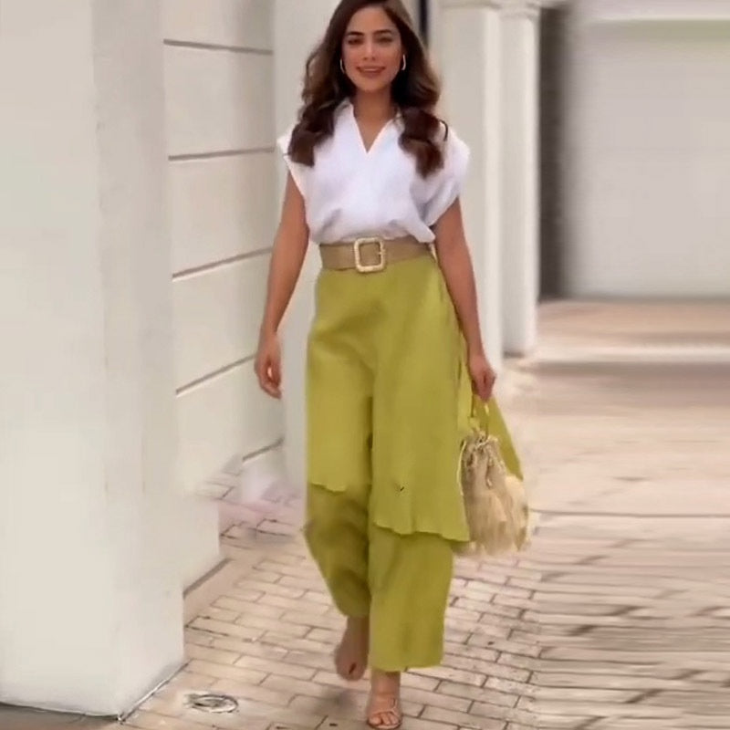 Myla - Women's Elegant Set: V-neck Top and Flared Pants