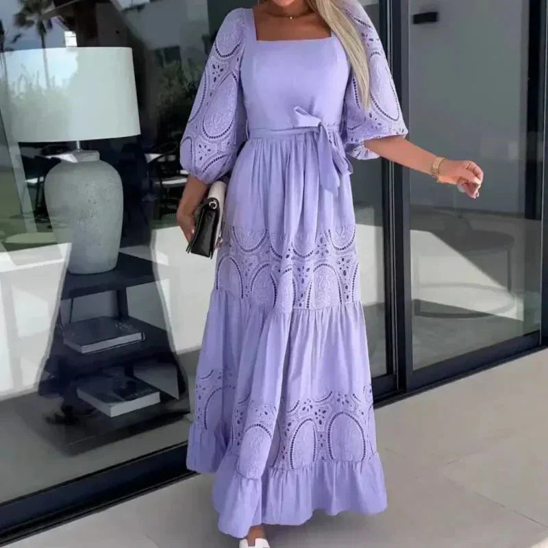 Therenia - Long Patchwork Dress with Belt and Square Neckline