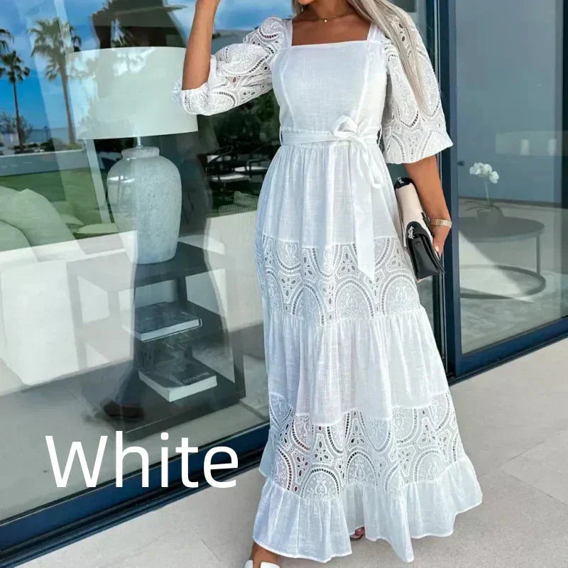 Therenia - Long Patchwork Dress with Belt and Square Neckline