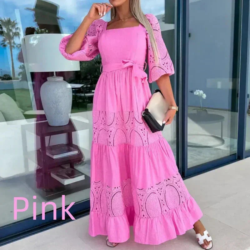 Therenia - Long Patchwork Dress with Belt and Square Neckline