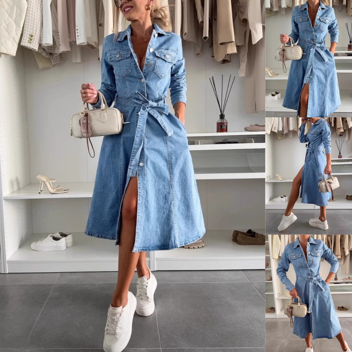 Avenyx - Women's Belted Fitted Denim Dress Versatile Modern Style