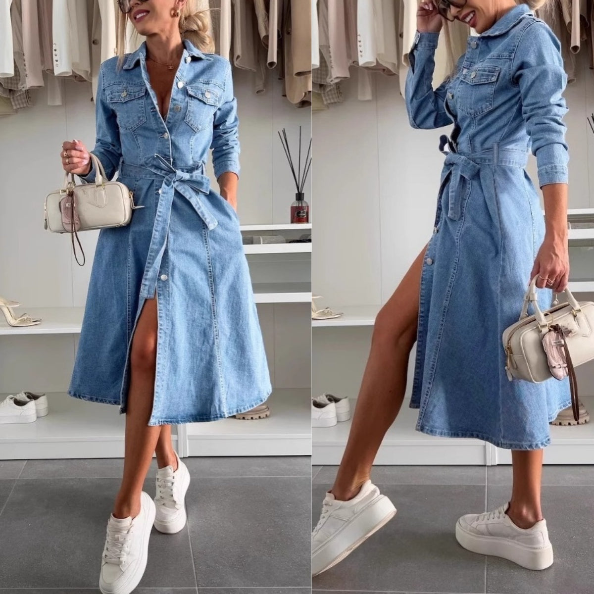 Avenyx - Women's Belted Fitted Denim Dress Versatile Modern Style