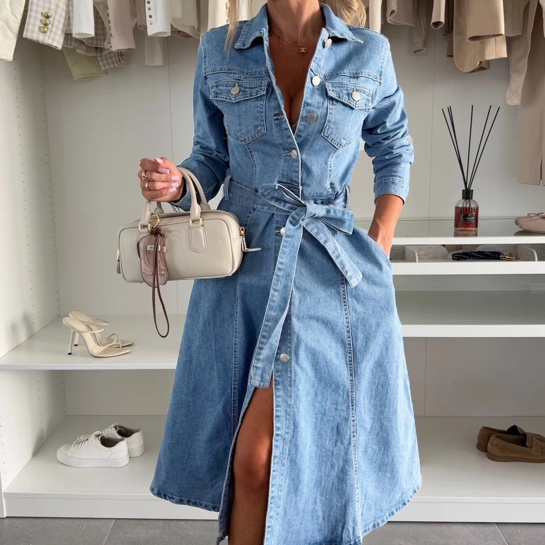 Avenyx - Women's Belted Fitted Denim Dress Versatile Modern Style