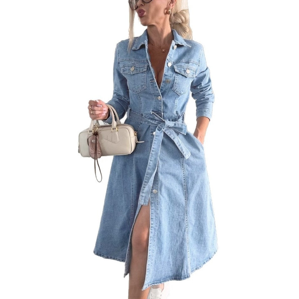 Avenyx - Women's Belted Fitted Denim Dress Versatile Modern Style