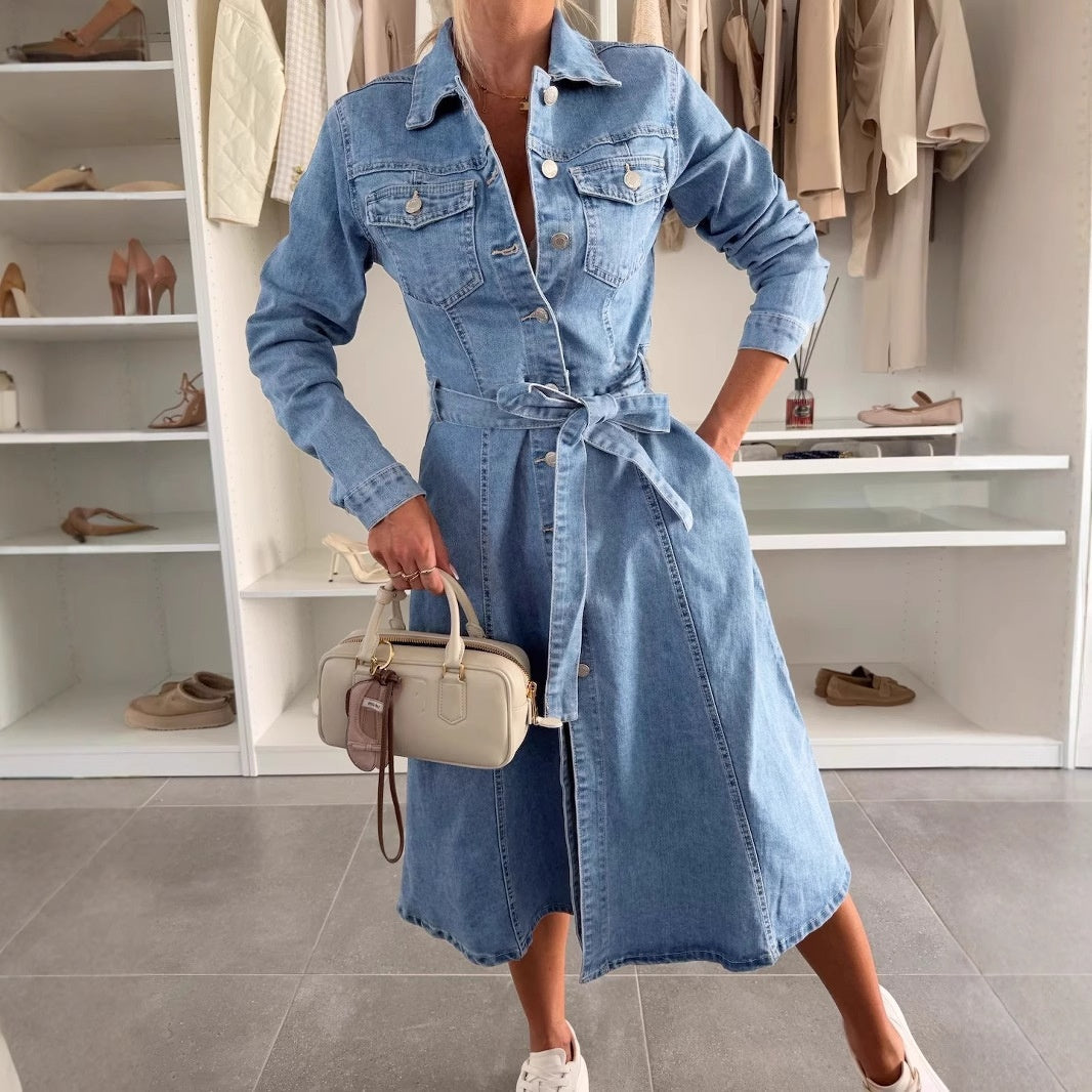 Avenyx - Women's Belted Fitted Denim Dress Versatile Modern Style