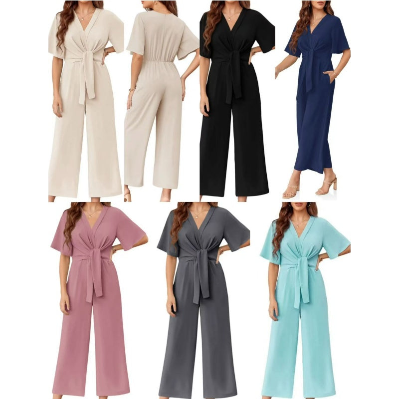 Sylenna - Women's V-neck wide-leg jumpsuit with belt