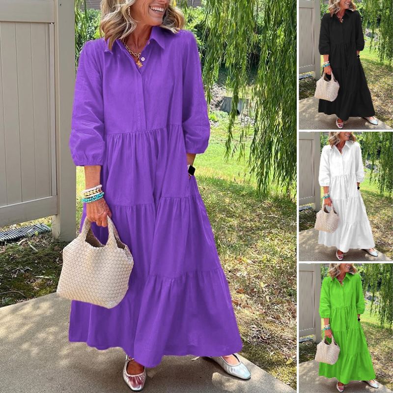 Faelina - Women's Casual Dress, Loose Fit with Lapel Collar and Ankle Length