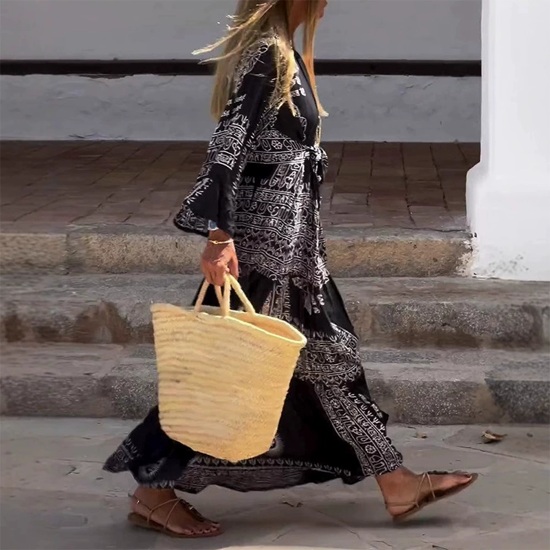 Azeliax - Women's Long Ethnic Print V-neck Belted Long-Sleeved Dress