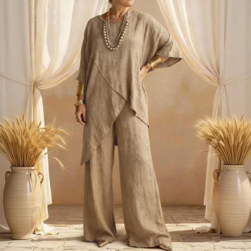 Eliune - Women's Two-Piece Set Asymmetrical Top and Flowy Wide-Leg Pants