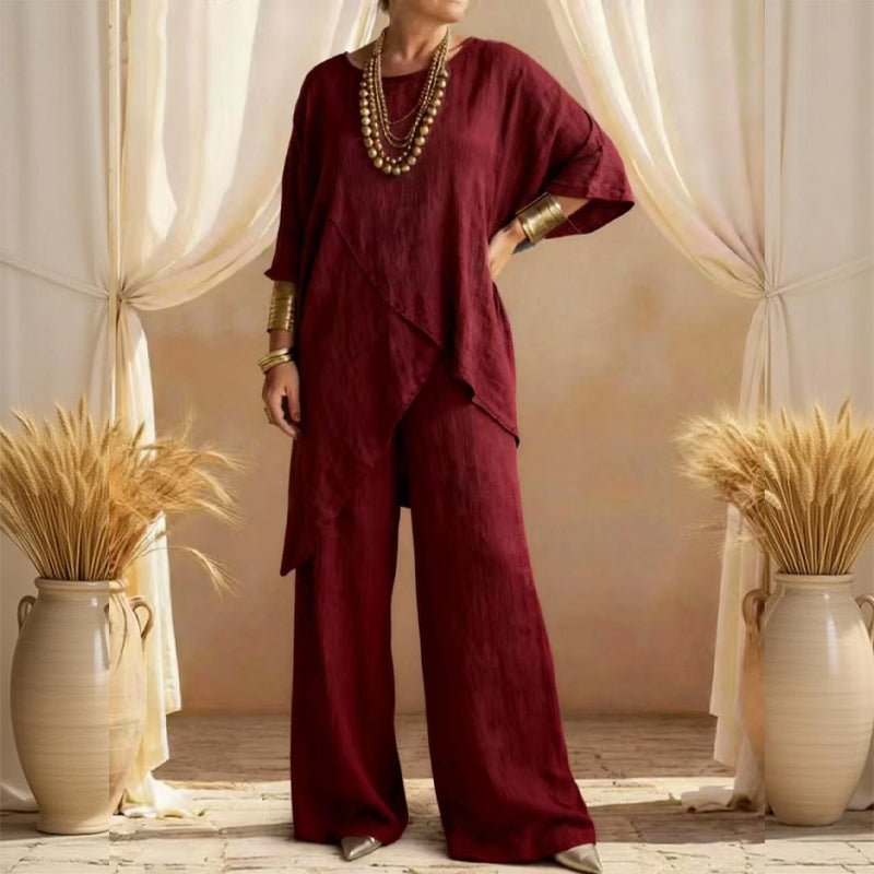 Eliune - Women's Two-Piece Set Asymmetrical Top and Flowy Wide-Leg Pants