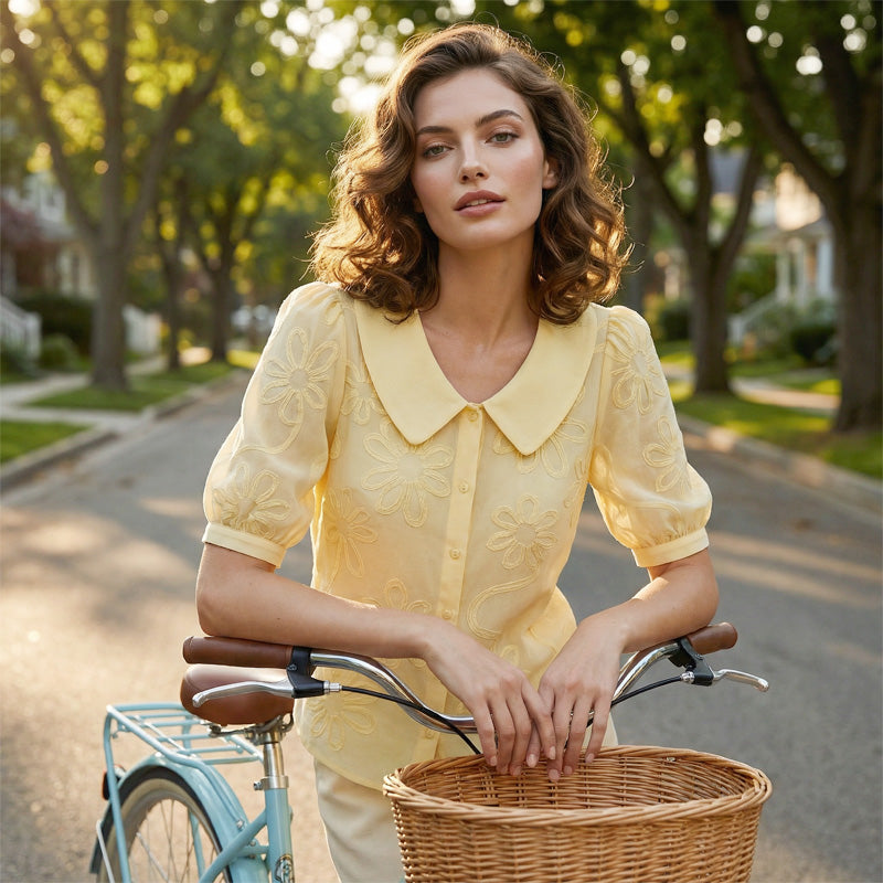 Perina - Retro Style Embroidered Floral Shirt