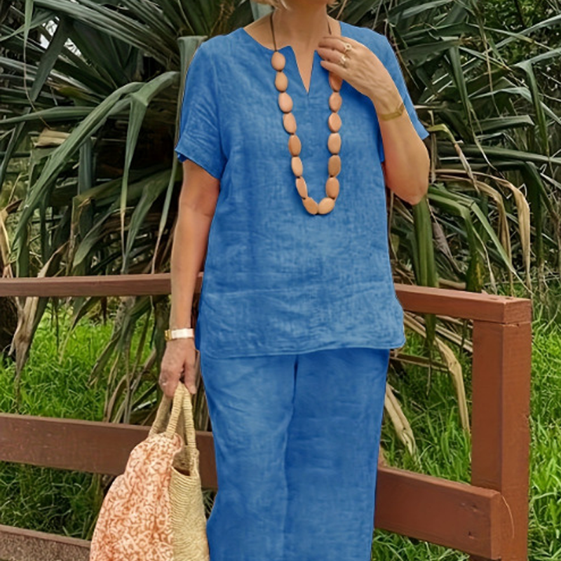 Glynia - Women's Two-Piece Cotton Linen V-Neck and Flowy Pants Set
