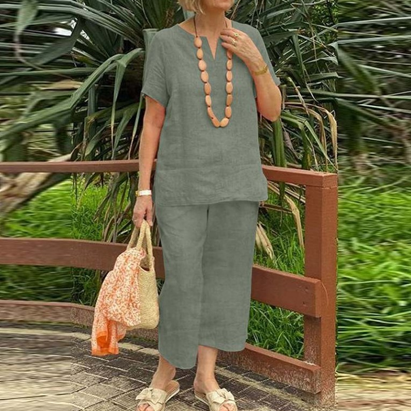Glynia - Women's Two-Piece Cotton Linen V-Neck and Flowy Pants Set