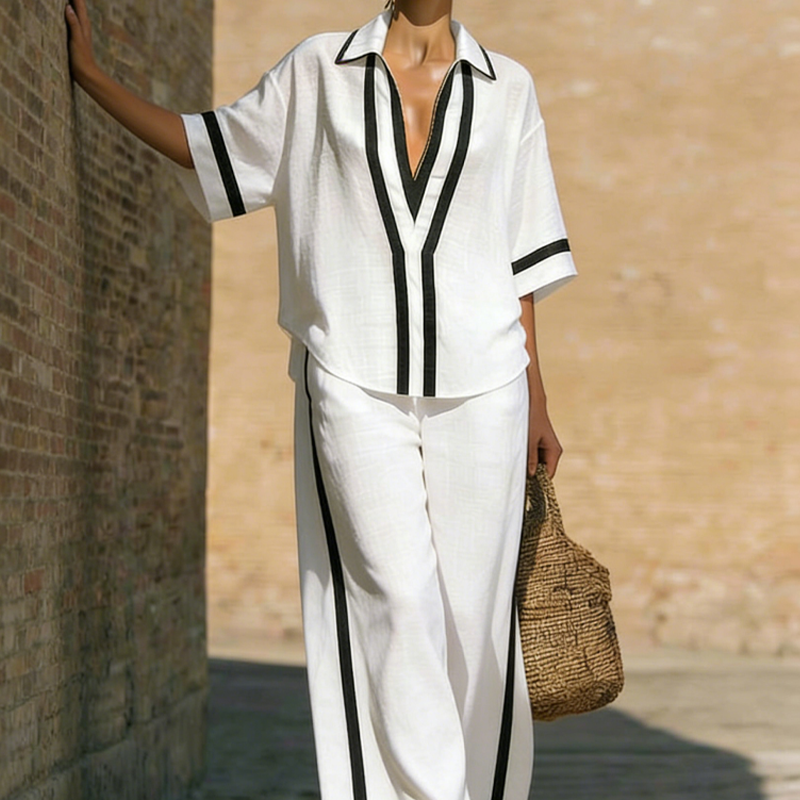 Cirevyn - Women's Two-Piece Linen Outfit V-Neck Shirt Wide-Leg Striped Pants