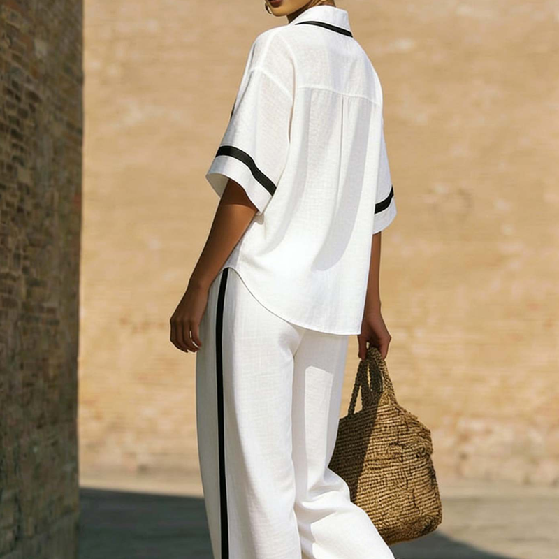 Cirevyn - Women's Two-Piece Linen Outfit V-Neck Shirt Wide-Leg Striped Pants