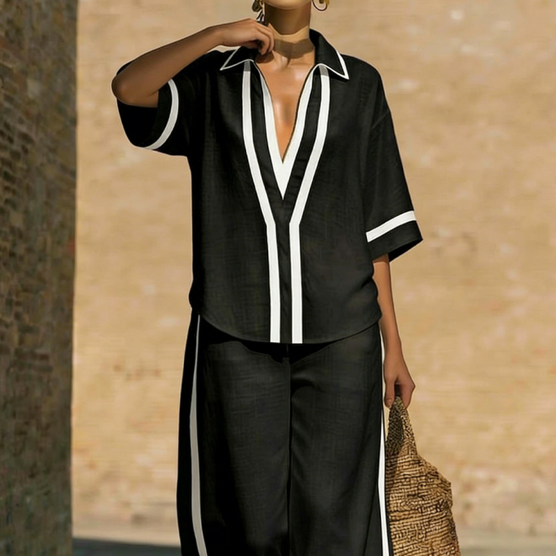 Cirevyn - Women's Two-Piece Linen Outfit V-Neck Shirt Wide-Leg Striped Pants