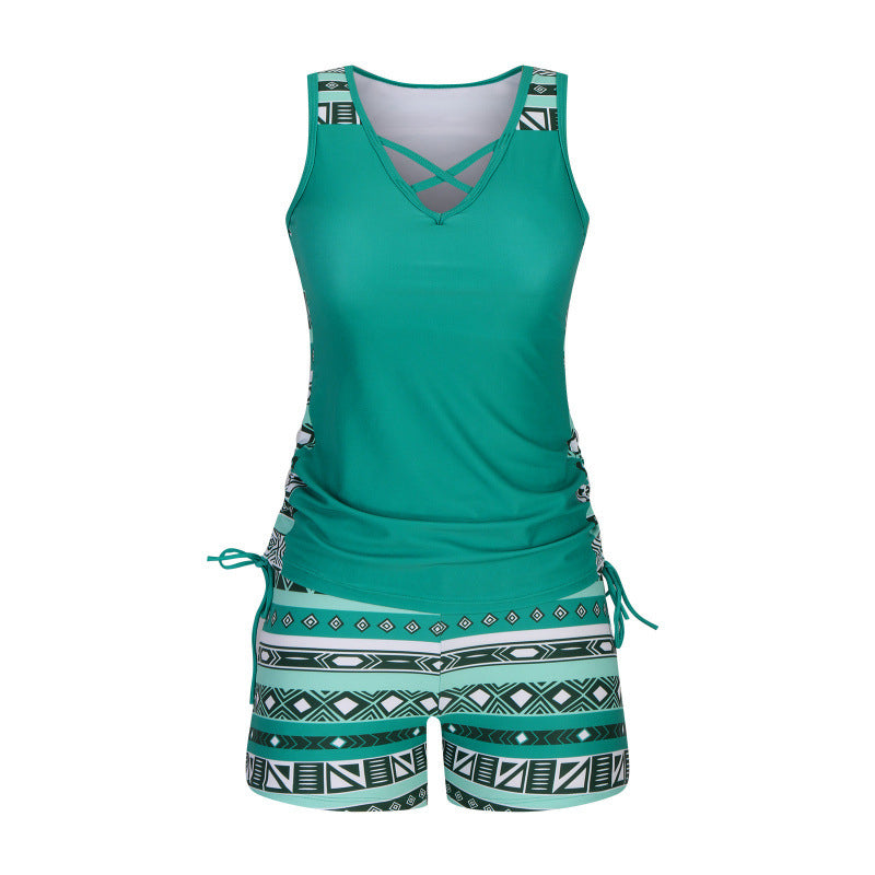 Tovienne - Women's Two-Piece V-Neck Geometric Print Shorts Tankini
