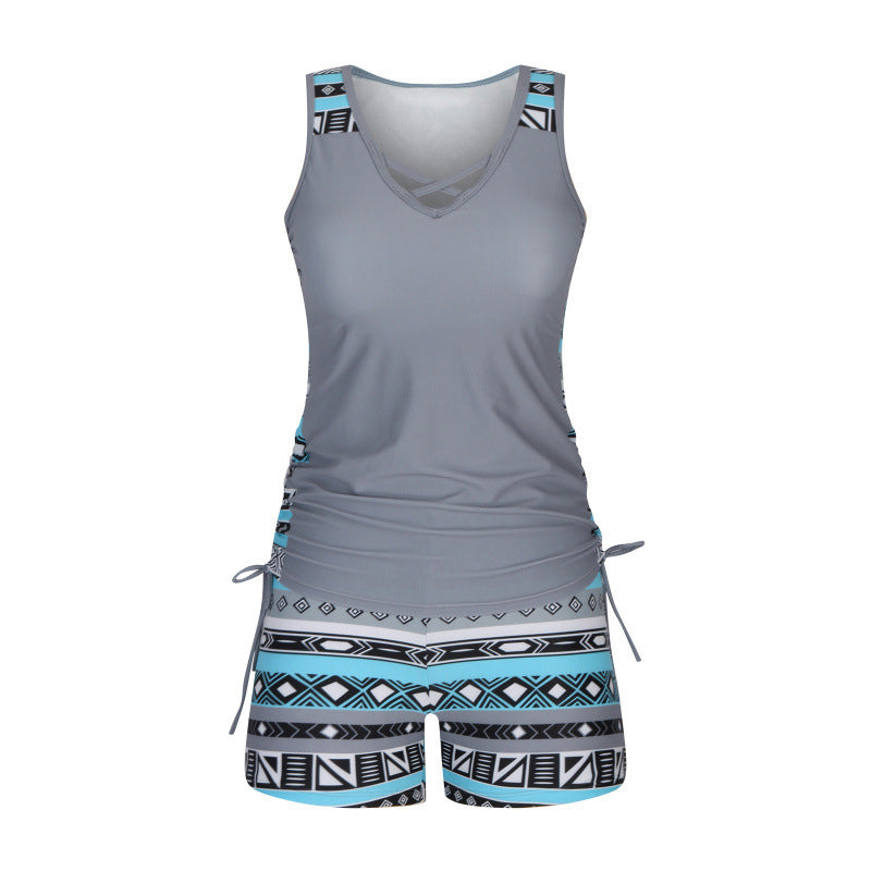 Tovienne - Women's Two-Piece V-Neck Geometric Print Shorts Tankini
